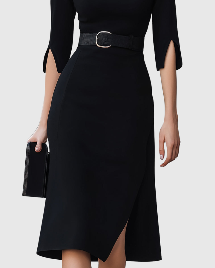 Caroline | Womens Elegant Belted Midi Dress