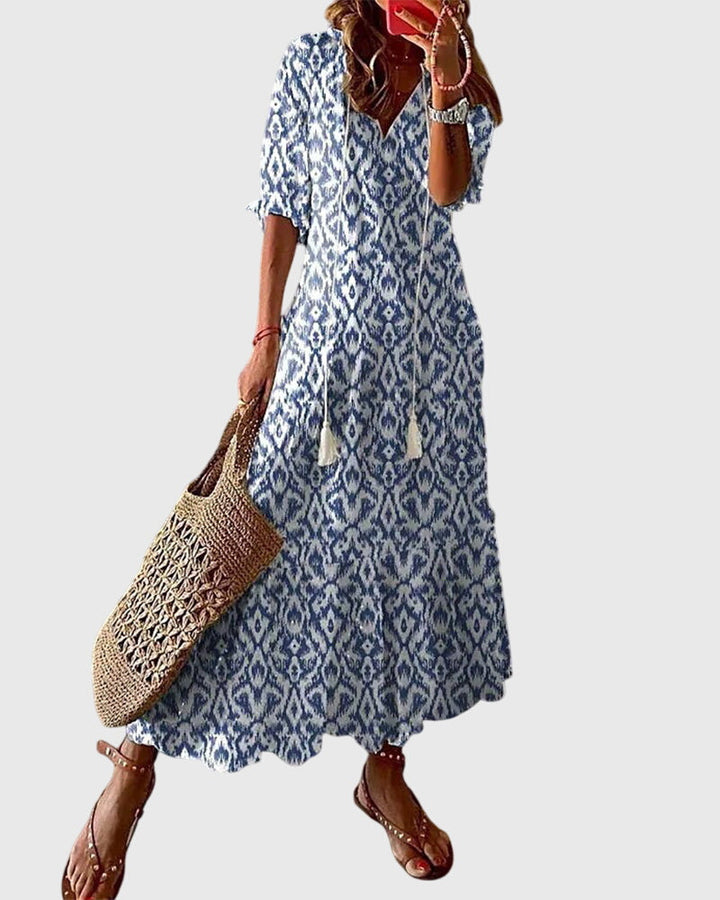 Eleanor | Women’s Printed V Neck Tassel Maxi Dress