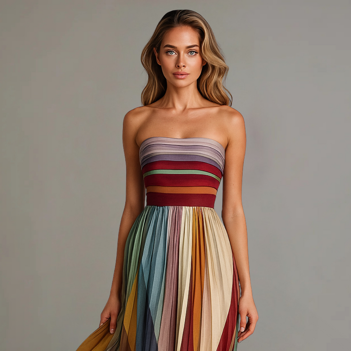 Violet | Women’s Strapless Pleated Colorblock Maxi Dress