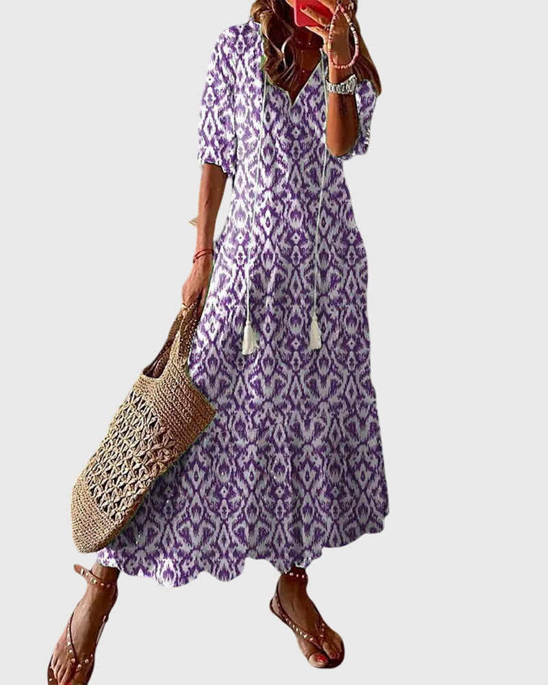 Eleanor | Women’s Printed V Neck Tassel Maxi Dress