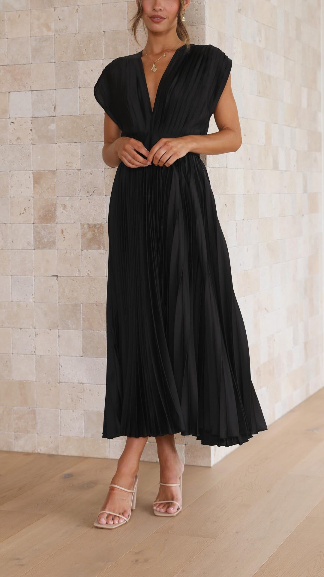 Olivia | Women Elegant Deep V Pleated Midi Dress