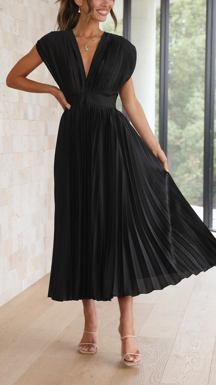 Olivia | Women Elegant Deep V Pleated Midi Dress