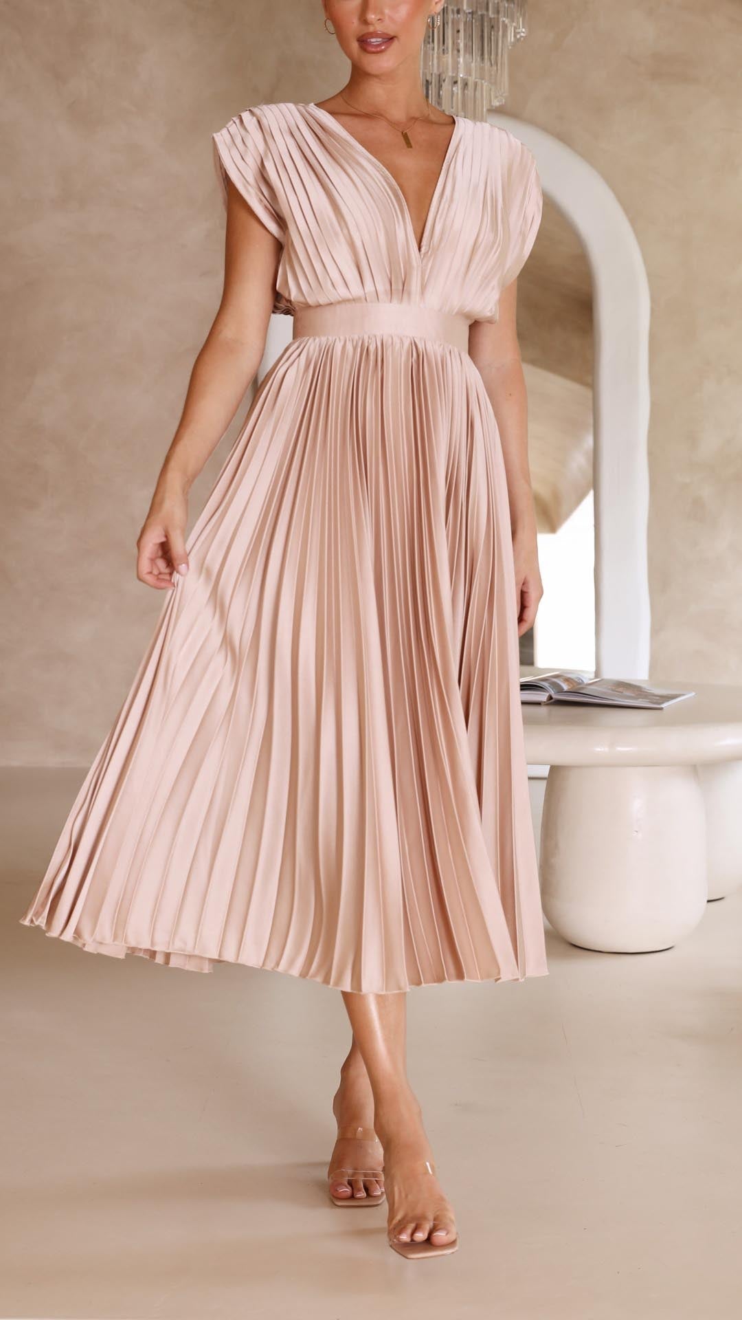 Olivia | Women Elegant Deep V Pleated Midi Dress