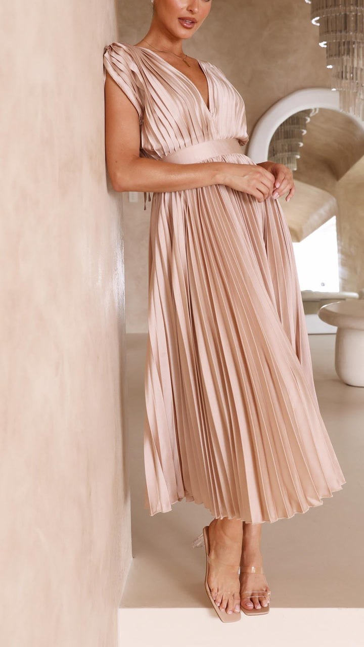 Olivia | Women Elegant Deep V Pleated Midi Dress