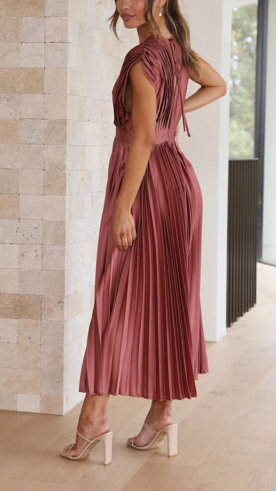 Olivia | Women Elegant Deep V Pleated Midi Dress