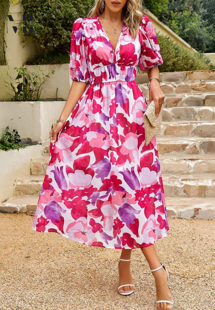 Paige | Women Colorful Floral V Neck Midi Dress