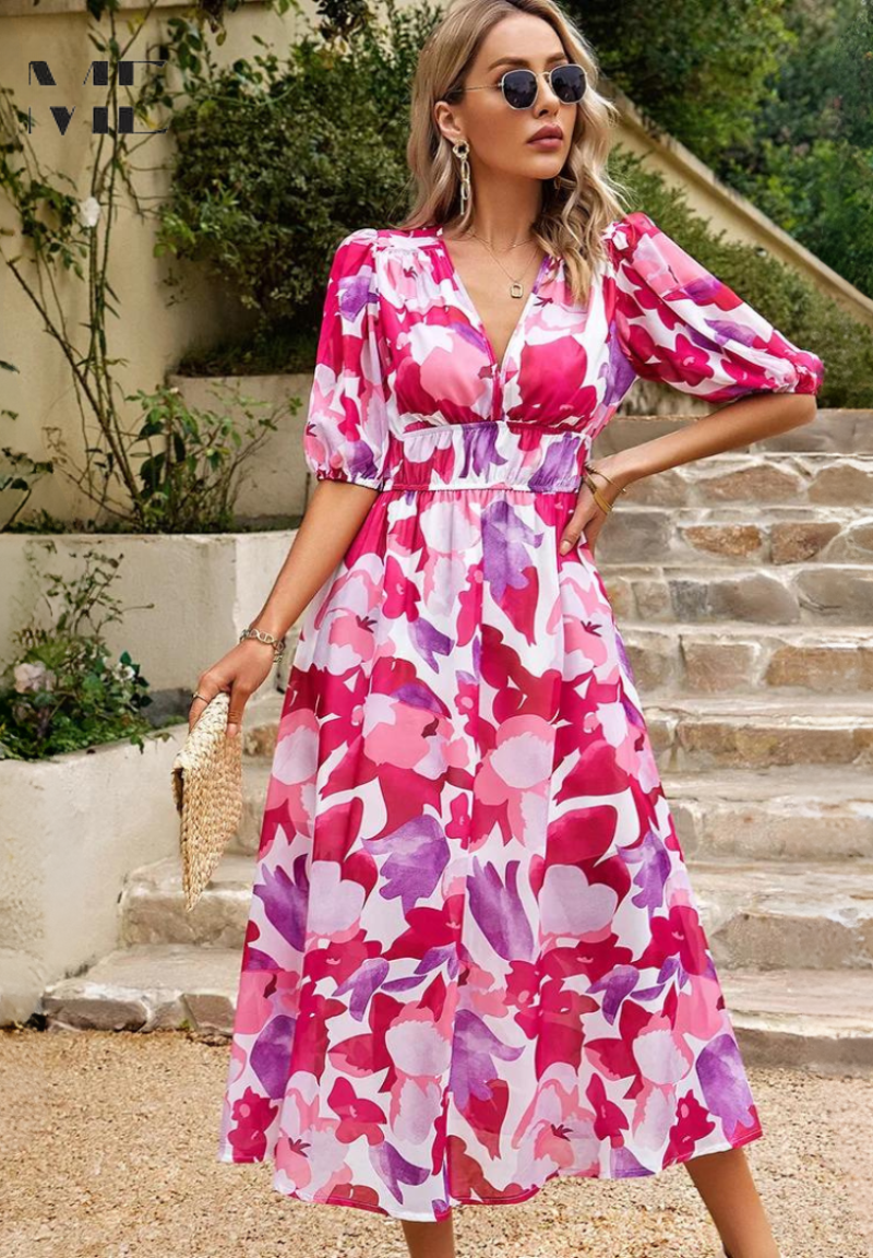 Paige | Women Colorful Floral V Neck Midi Dress