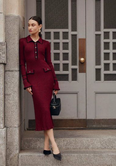Alice | Womens Ribbed Button Front Knit Midi Dress