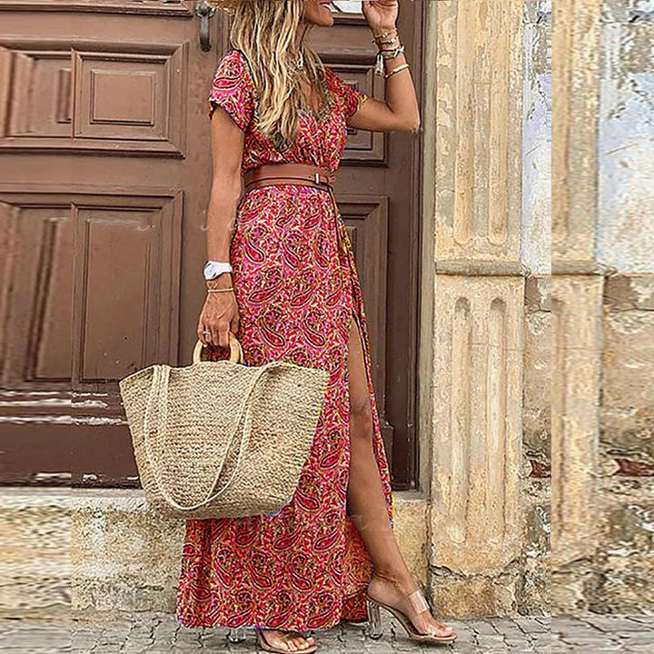 Claire | Women’s Printed V Neck Split Maxi Dress