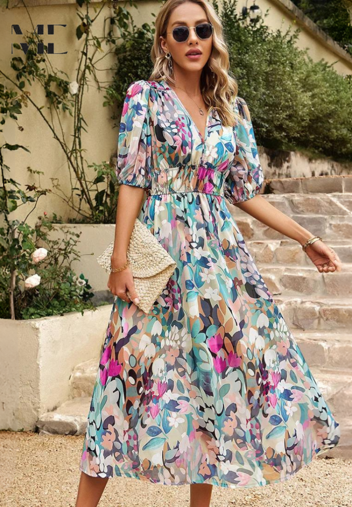 Evelyn | Women's Floral V Neck Midi Wedding Guest Dress