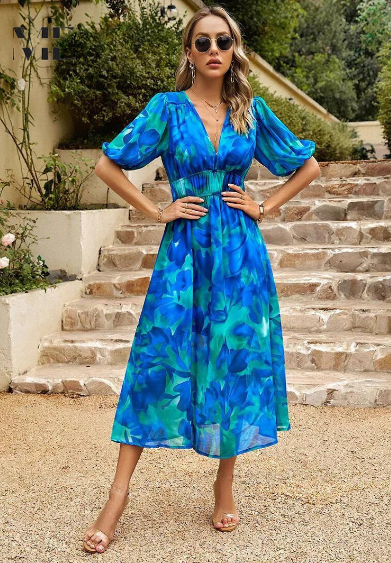 Evelyn | Women's Floral V Neck Midi Wedding Guest Dress