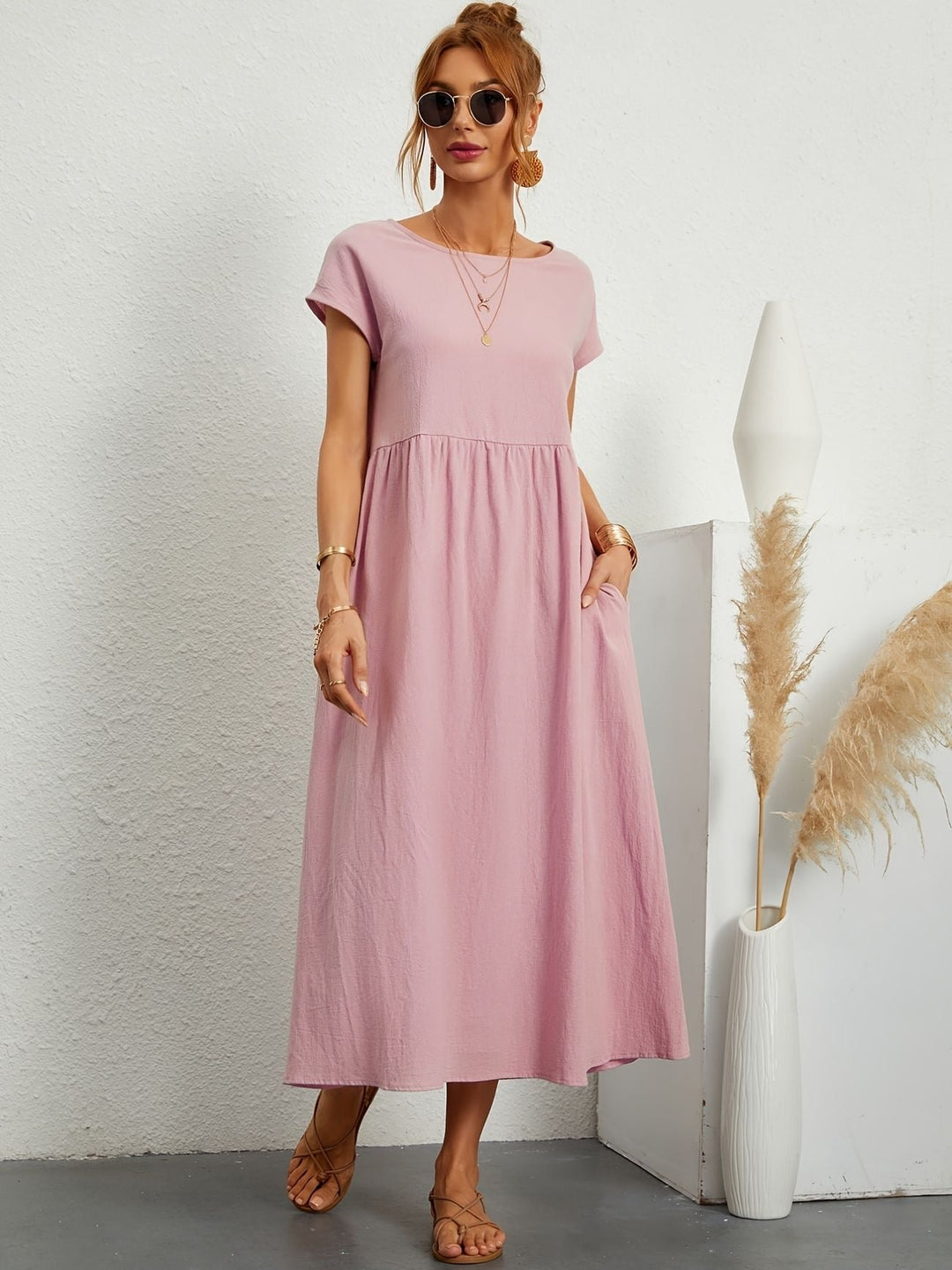Eleanor | Women's Short Sleeve Loose Midi Pocket Dress